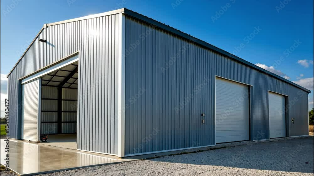 Modern Metal Building with Corrugated Exterior, Garage Doors, and Clear Sunny Sky for Industrial Use. Metal Building with Corrugated Exterior video Modern Metal Building with Corrugated Exterior, Garage Doors, and Clear Sunny Sky for Industrial Use. Metal Building with Corrugated Exterior video