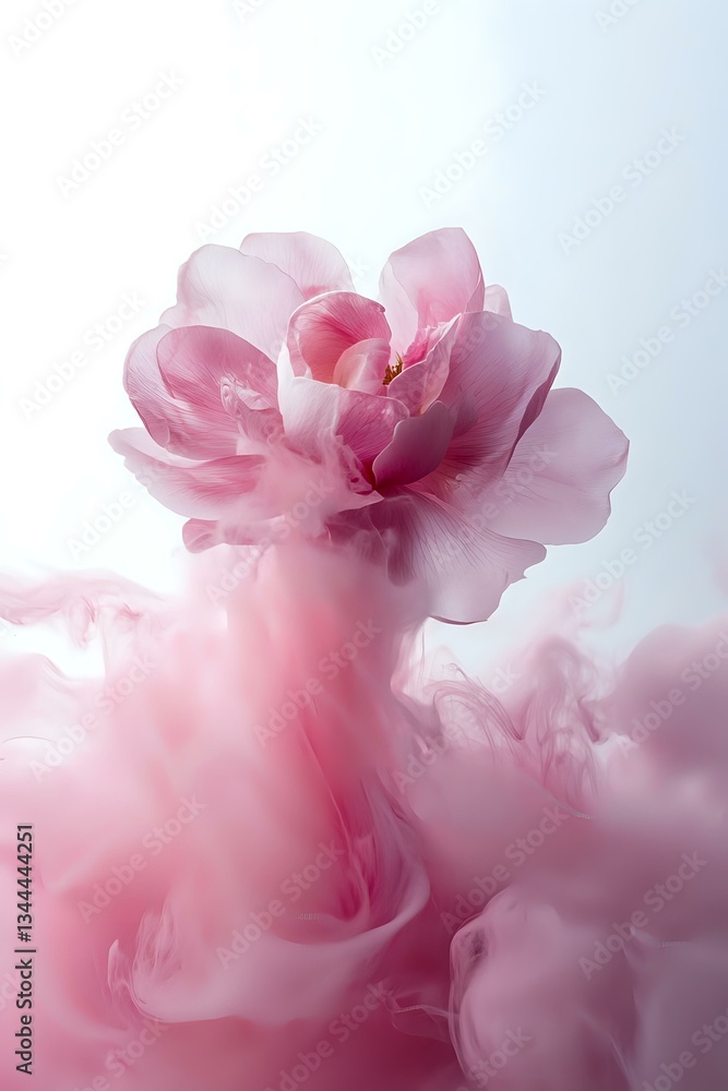 Fototapeta premium Pink peony flower emerging from soft misty smoke effect against light background, creating dreamy ethereal atmosphere for romantic designs.