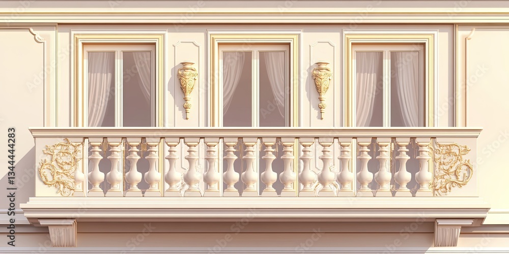 Fototapeta premium Elegant Balcony Detail with Ornate Railings and Architectural Accents in Neutral Tones