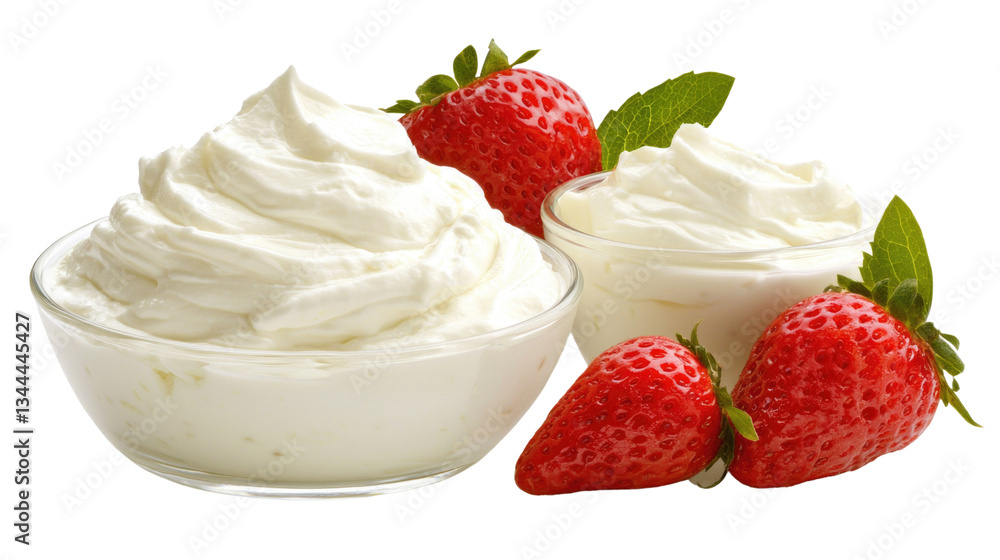 Fresh Whipped Cream with Strawberries and Mint Leaves on a White Background Fresh Whipped Cream with Strawberries and Mint Leaves on a White Background