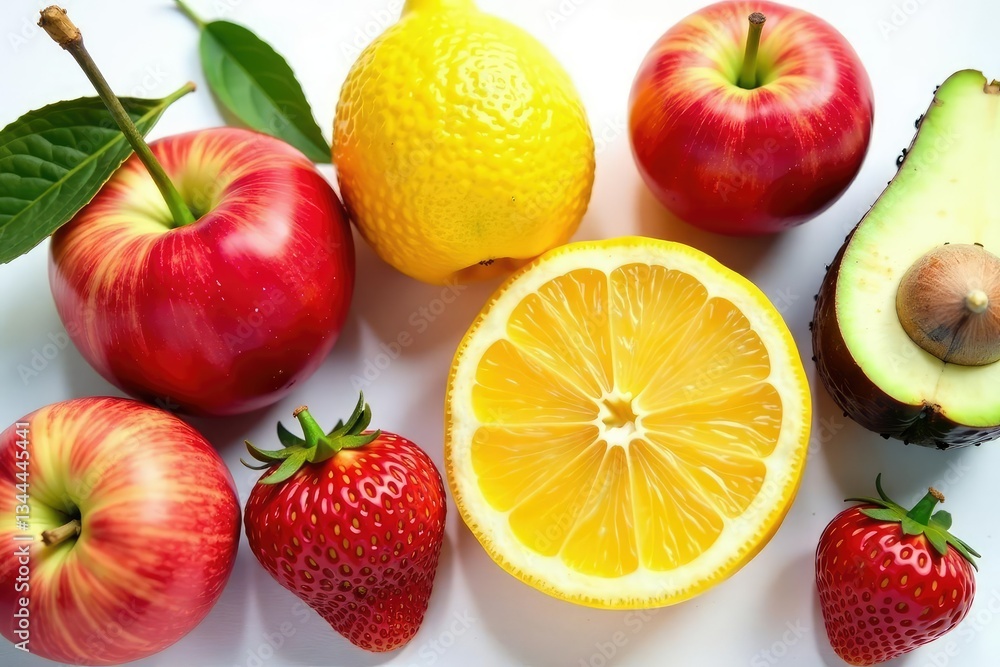 Variety of organic fruits on white background, smoothie, vitamins, fruits Variety of organic fruits on white background, smoothie, vitamins, fruits