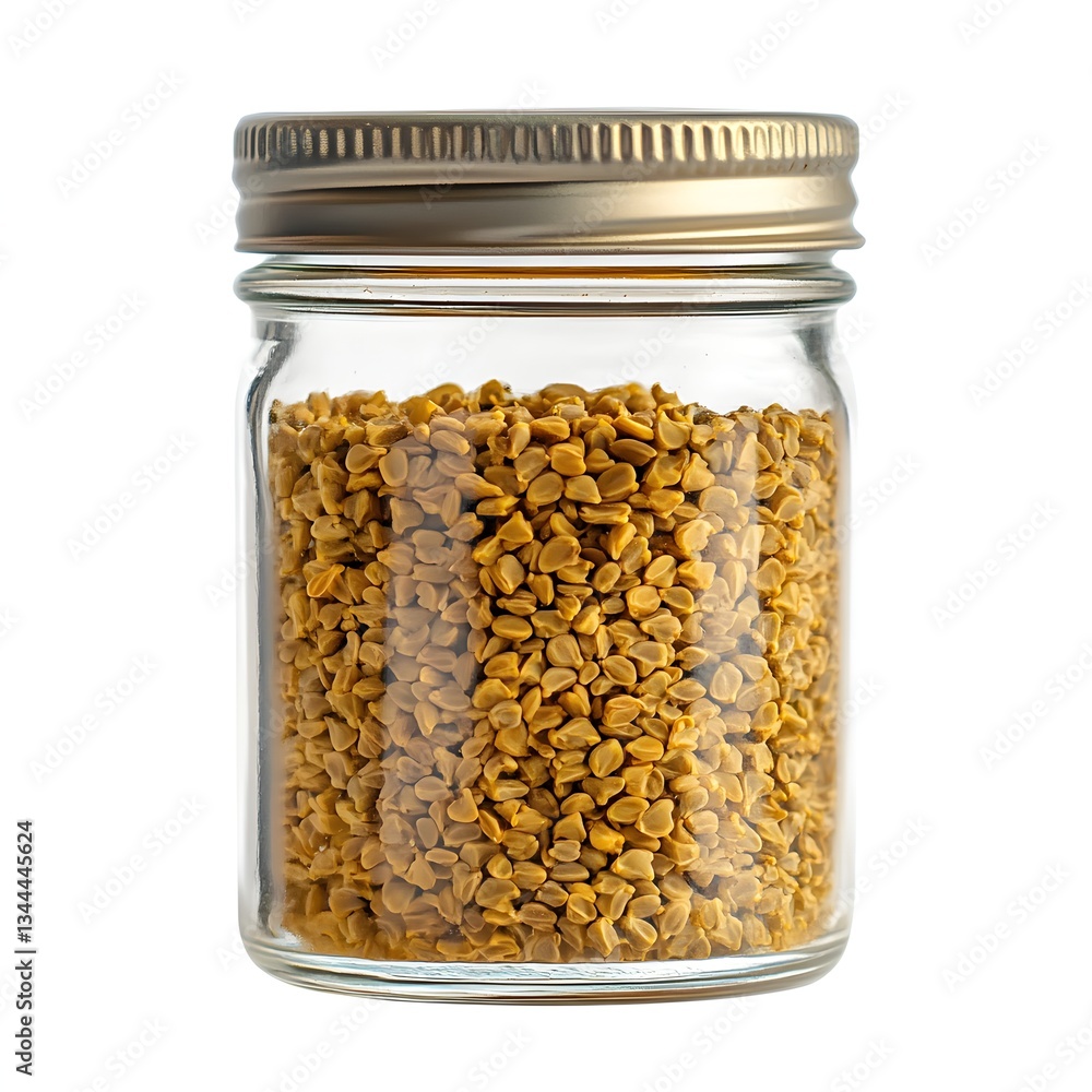 fenugreek seeds in a glass jar isolated on white background fenugreek seeds in a glass jar isolated on white background