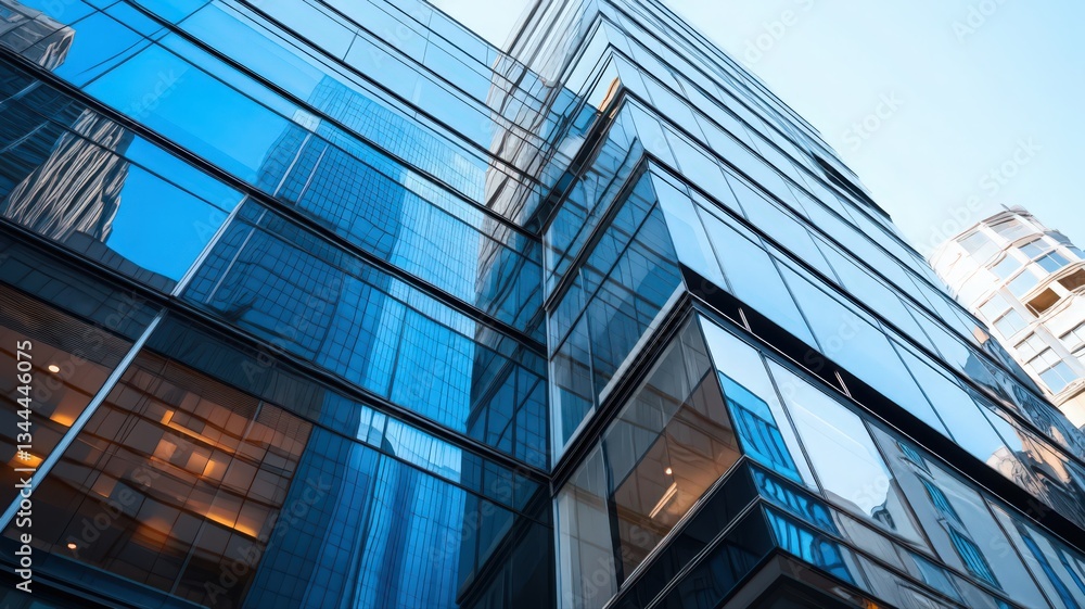 Obraz premium Modern Glass Skyscrapers Reflecting Blue Sky in City