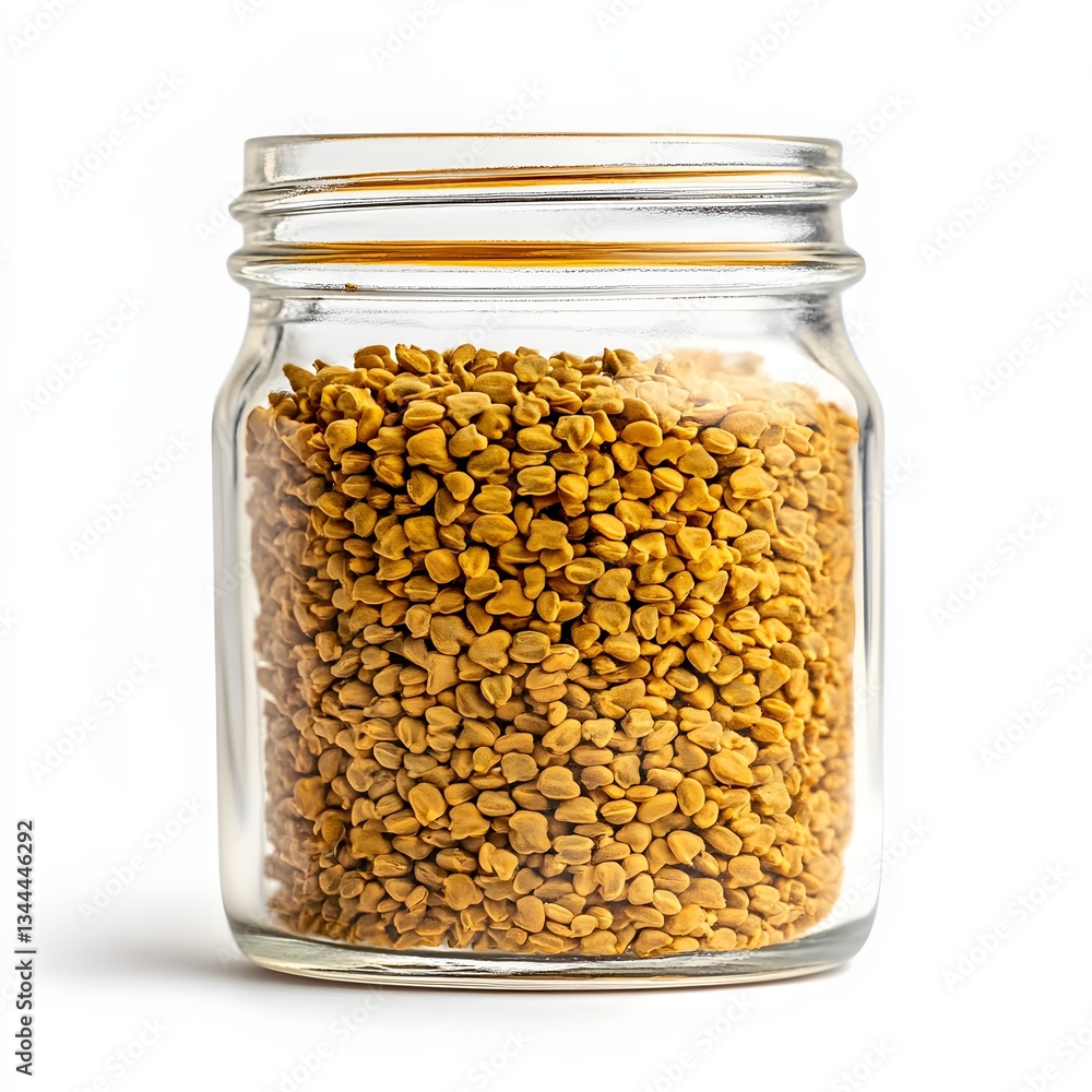 fenugreek seeds in a glass jar isolated on white background fenugreek seeds in a glass jar isolated on white background