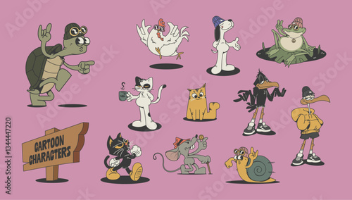 set of retro animal mascot cartoon characters, vector illustration