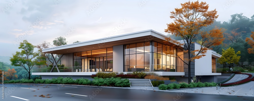 Fototapeta premium A sleek glass walled modern home nestled in a serene autumn landscape featuring a harmonious blend of architectural design and natural elements