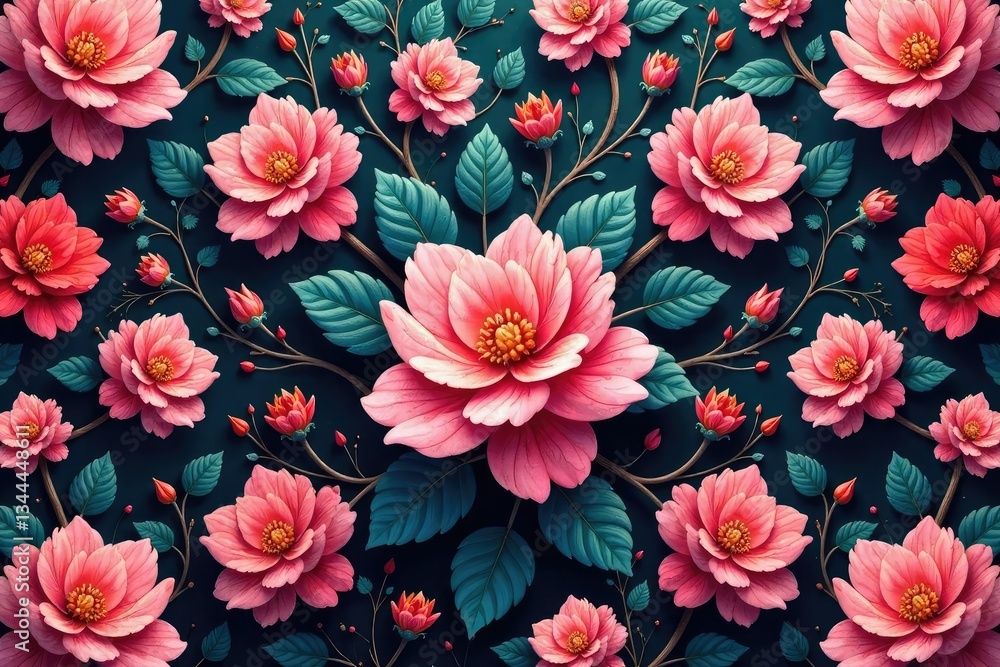 Delicate, interwoven floral motif, endless repeat, black, white, vintage