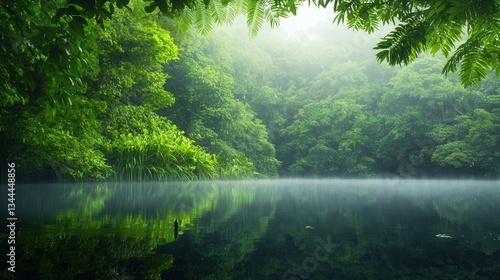 Serene Misty Jungle Reflection on Calm Water Surface in Tropical Area