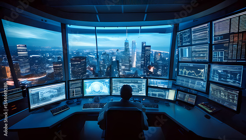 A high-tech urban control center with massive digital screens monitoring city-wide AI traffic