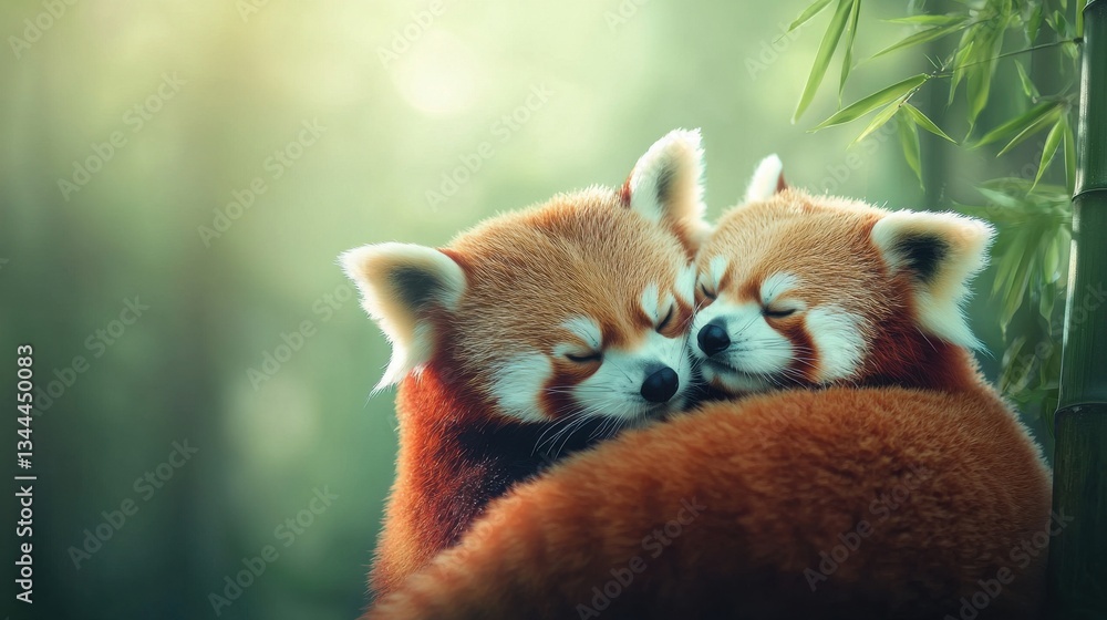 Fototapeta premium Two Adorable Red Pandas Embracing in Serene Forest Setting