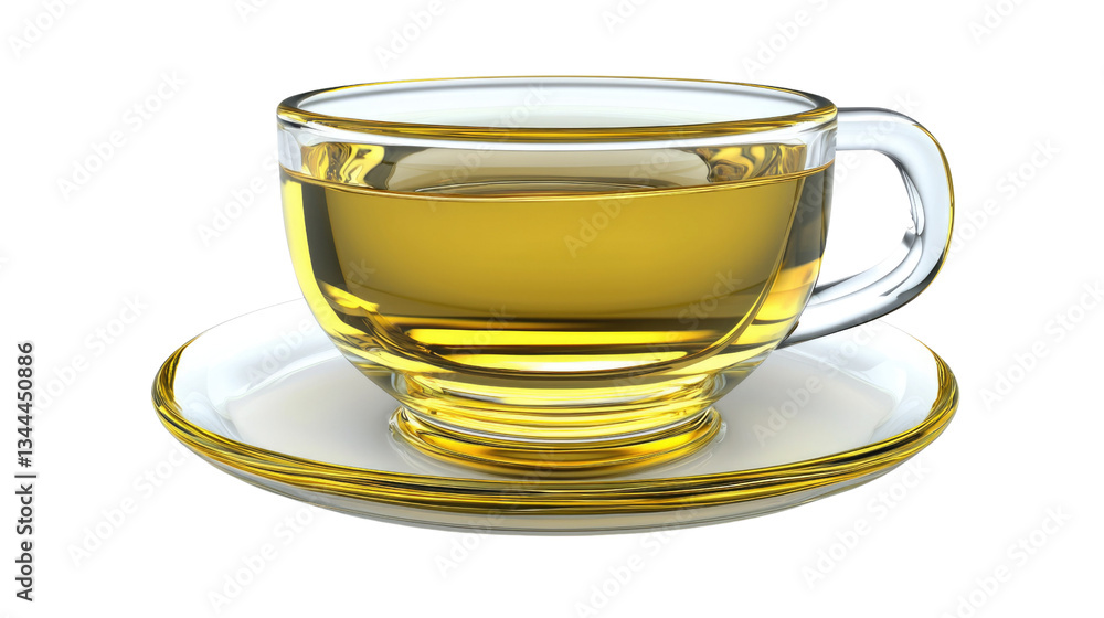 Transparent Glass Cup of Herbal Tea with a Saucer on a White Background