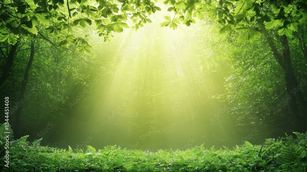 Fototapeta premium Serene Sunlit Forest Clearing with Lush Green Foliage and Beams