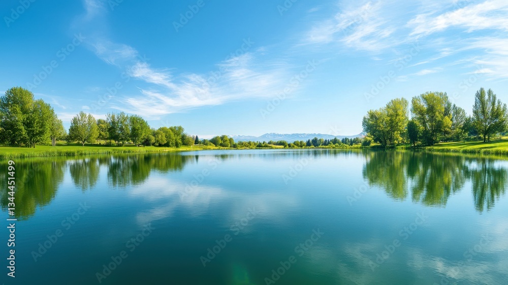 Obraz premium Serene Lake Landscape with Clear Blue Sky and Lush Greenery
