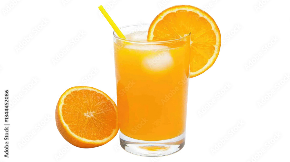 Freshly Squeezed Orange Juice in a Glass with Orange Slice and Straw on a White Background Freshly Squeezed Orange Juice in a Glass with Orange Slice and Straw on a White Background