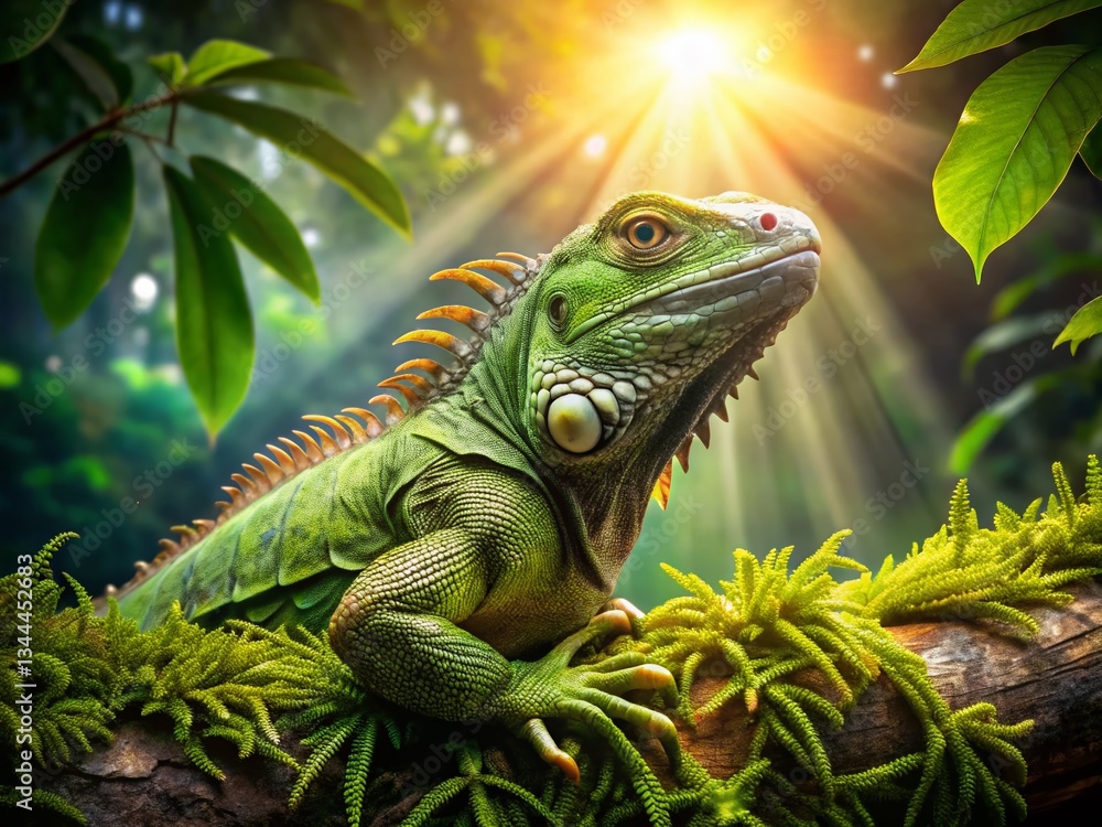 Obraz premium Tropical Iguana Portrait: Reptile on Branch in Lush Green Setting