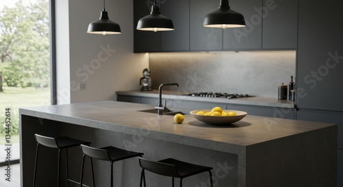 Modern Kitchen Interior with Island and Lemons in a Bowl