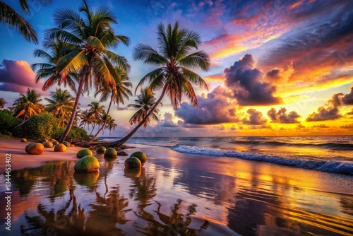 Tropical Sunset Beach Paradise: Double Exposure Pacific Ocean Palm Trees