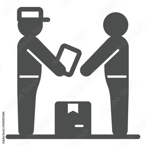 Postman with recipient box solid icon, postage delivery concept. Vector graphics. Courier man with client package sign on white background, glyph style icon for mobile or web design.