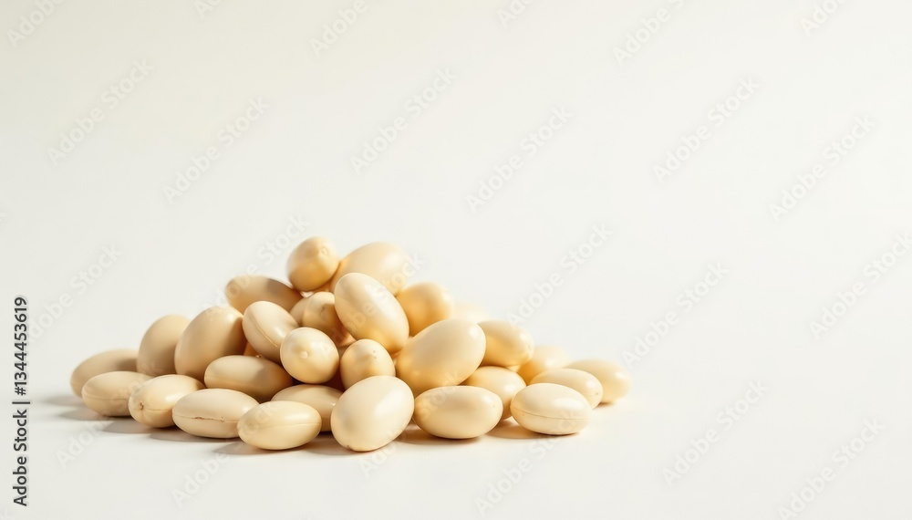 Pile of white beans against a bright white backdrop, kitchen, organic Pile of white beans against a bright white backdrop, kitchen, organic