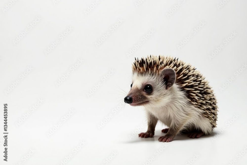 Obraz premium Hedgehog alone on seamless white backdrop, facing right, slightly uncurled , design, animal, cute