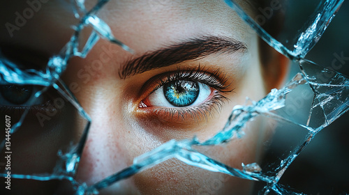 Shattered Reflections: A close-up shot of a person with piercing eyes viewed through a shattered glass surface, creating a surreal and introspective mood