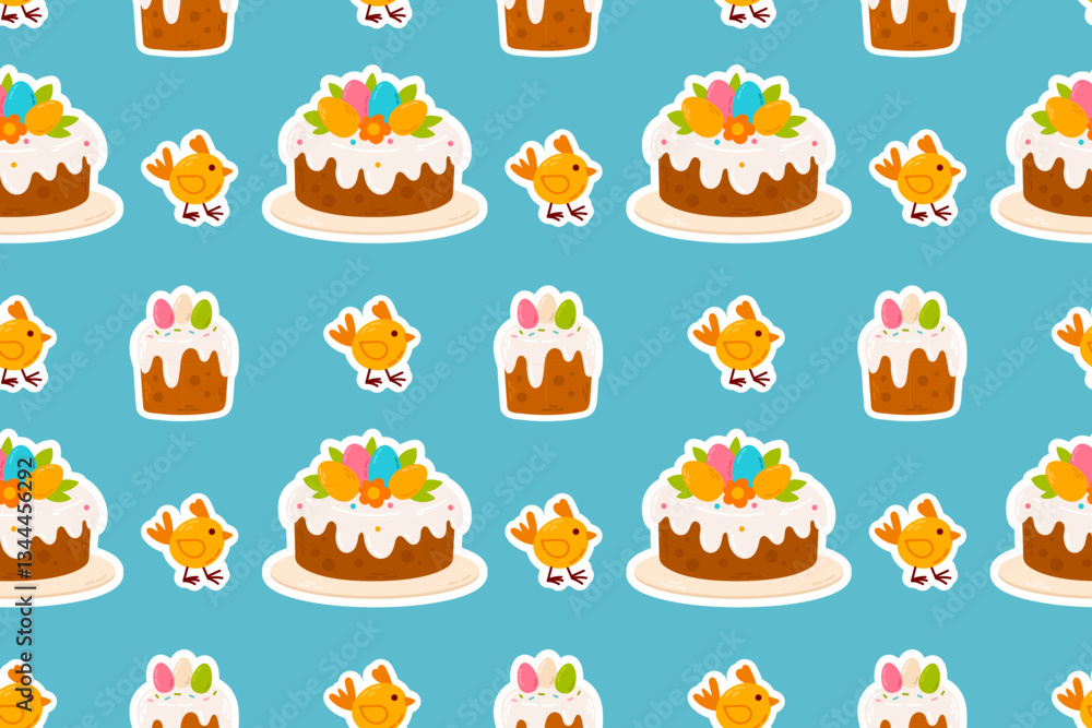 A seamless pattern featuring festive Easter cakes, cupcakes, and adorable yellow chicks on a bright blue background. Perfect for holiday wrapping paper, textiles, and seasonal designs. A seamless pattern featuring festive Easter cakes, cupcakes, and adorable yellow chicks on a bright blue background. Perfect for holiday wrapping paper, textiles, and seasonal designs.
