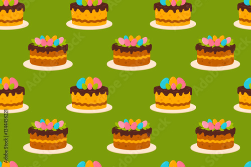 A seamless pattern featuring chocolate-glazed Easter cakes with colorful eggs on a green background. Ideal for wrapping paper, seasonal fabrics, and Easter-themed projects.