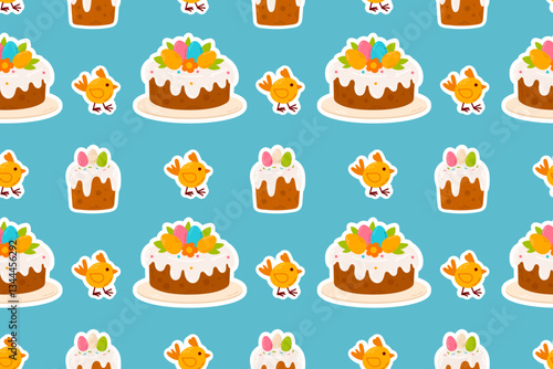 A seamless pattern featuring festive Easter cakes, cupcakes, and adorable yellow chicks on a bright blue background. Perfect for holiday wrapping paper, textiles, and seasonal designs.