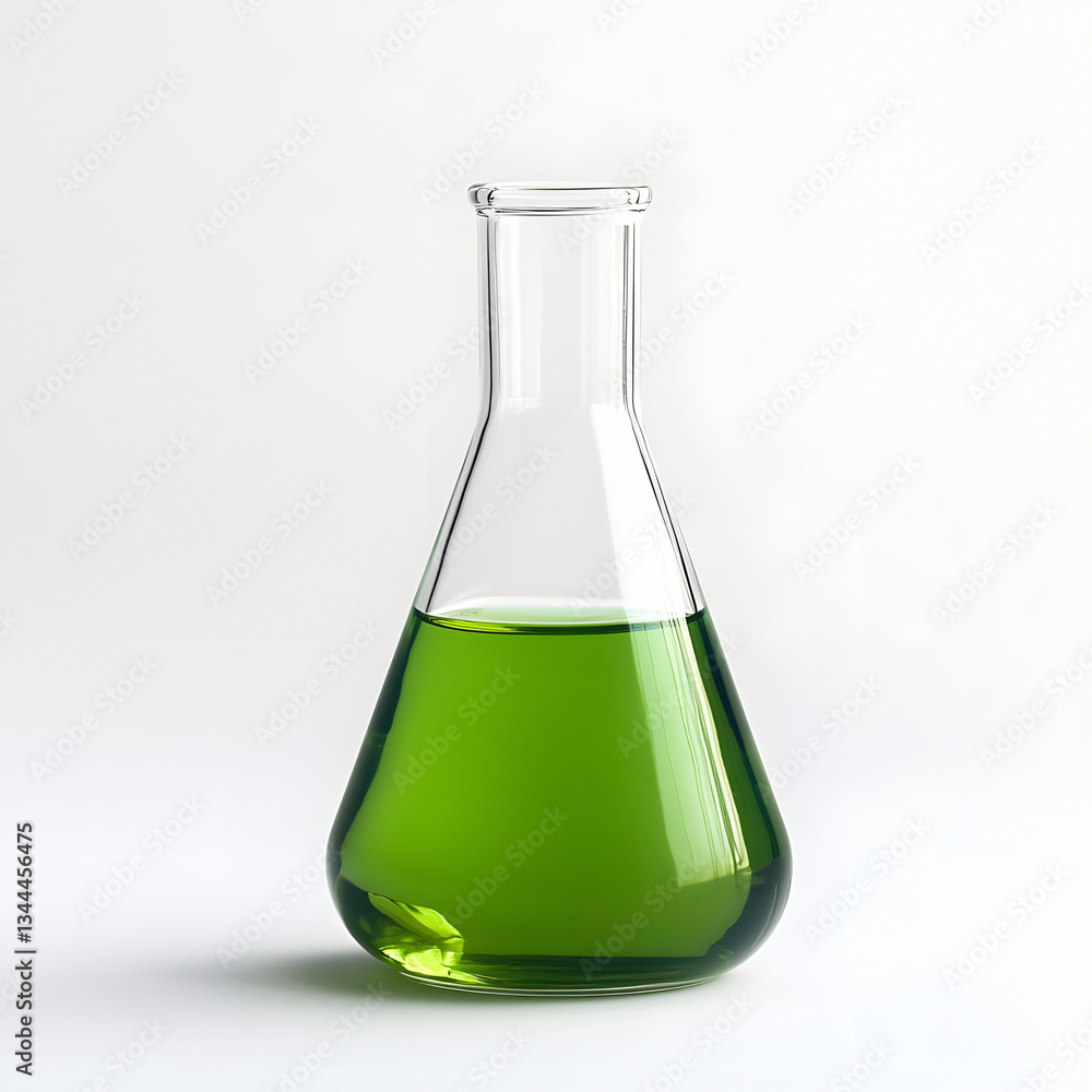 Flask with green liquid, chemical laboratory flask isolated on white background glass flask Flask with green liquid, chemical laboratory flask isolated on white background glass flask