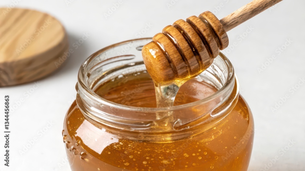 Honey Dipper in Glass Jar on White Background Honey Dipper in Glass Jar on White Background