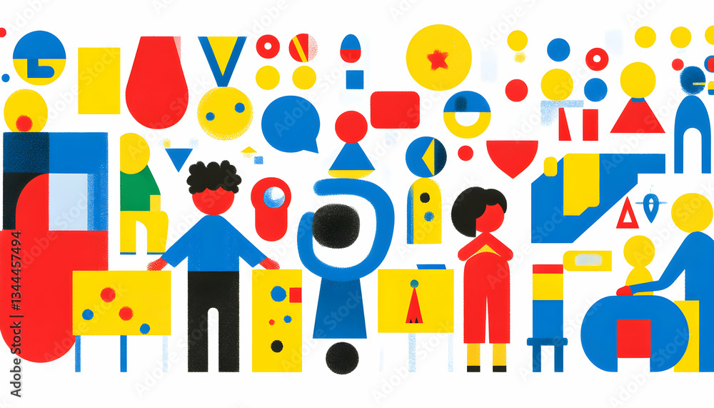 Abstract illustration of diverse people collaborating, using bold geometric shapes and vibrant primary colors. Perfect for concepts of teamwork, innovation, and creativity. Abstract illustration of diverse people collaborating, using bold geometric shapes and vibrant primary colors. Perfect for concepts of teamwork, innovation, and creativity.