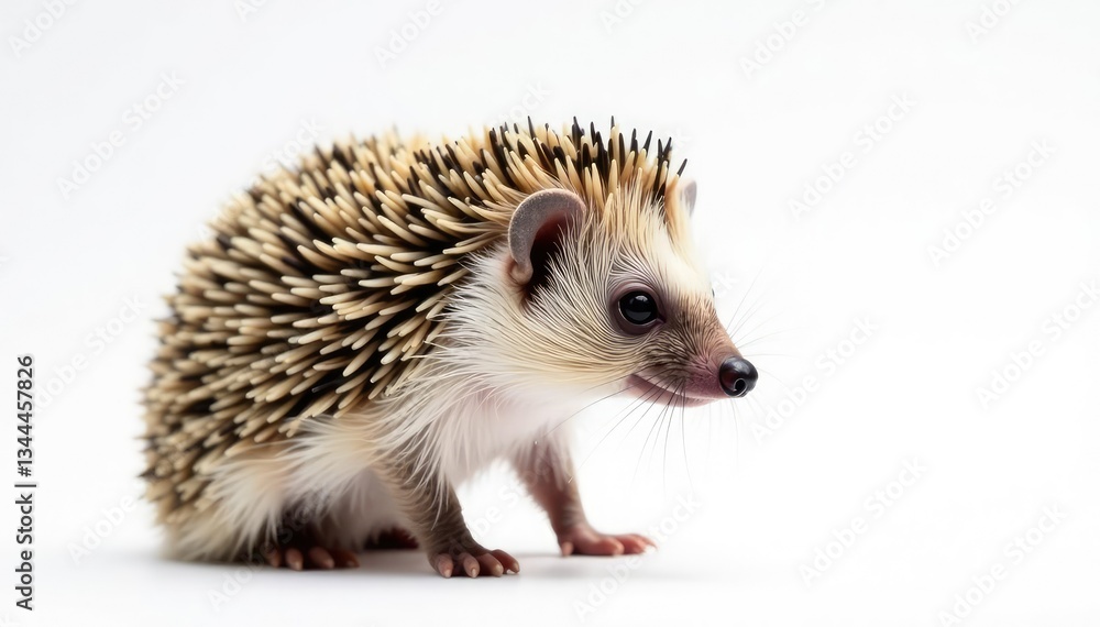 Fototapeta premium Close-up of a solitary hedgehog against a bright white backdrop , closeup, studio, cute