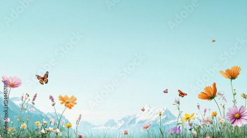 Serene Garden with Colorful Butterflies and Majestic Mountains