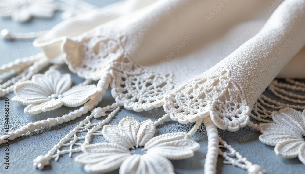 Fototapeta premium Intricate floral lace, delicate white threads, floral, net, sewing