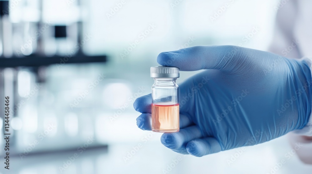 close-up of scientist hand wearing blue latex glove as it carefully holds small glass vial of liquid against blurred close-up of scientist hand wearing blue latex glove as it carefully holds small glass vial of liquid against blurred