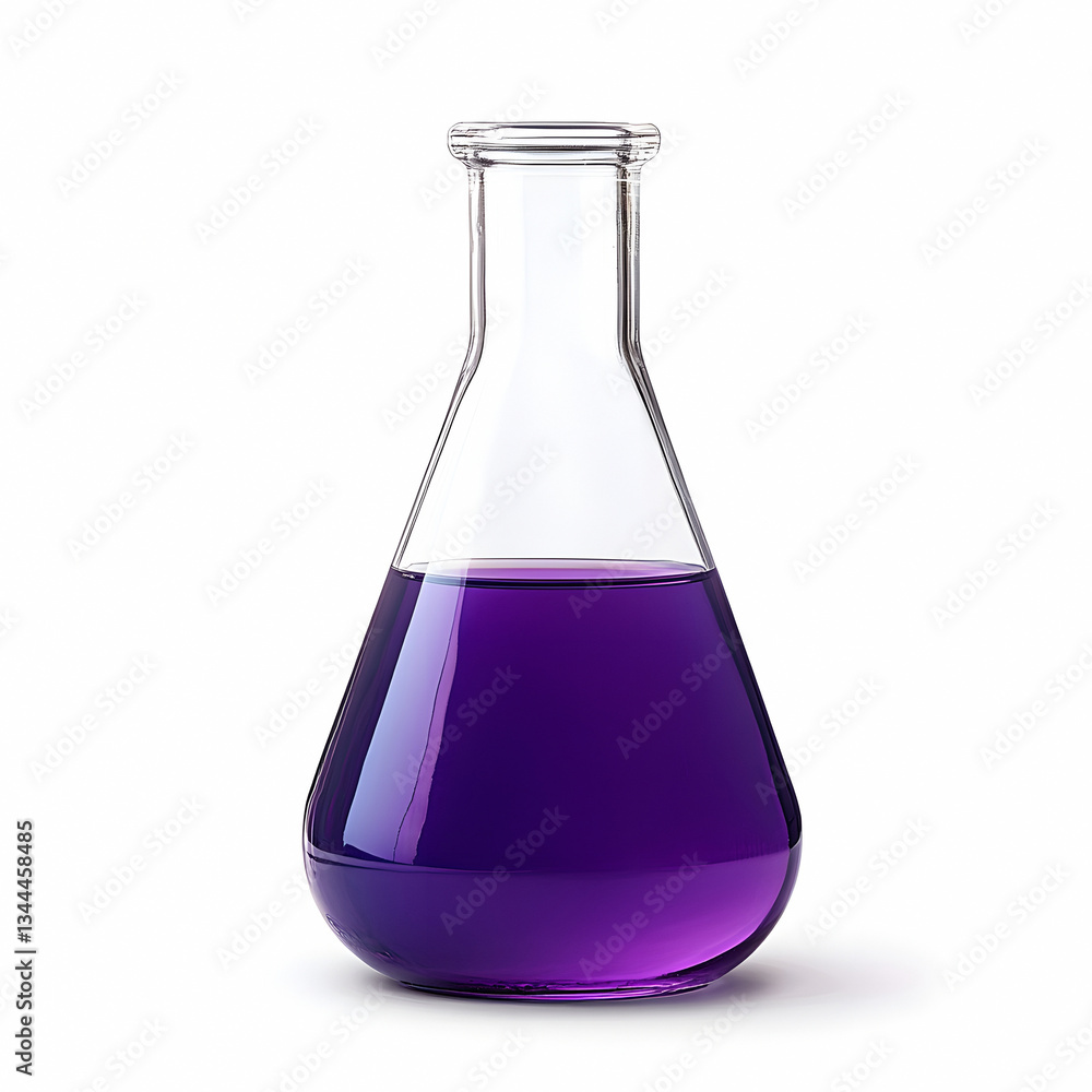 Flask with purple liquid, chemical laboratory flask isolated on white background glass flask Flask with purple liquid, chemical laboratory flask isolated on white background glass flask