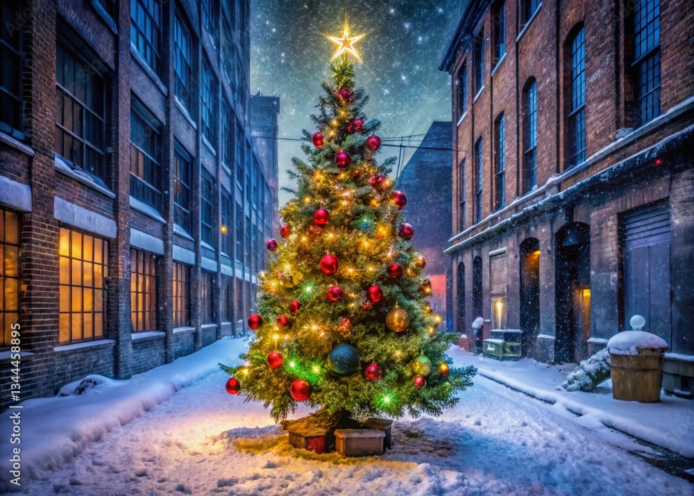 Fototapeta premium Urban Christmas Tree: Festive Winter Holiday Decoration in City Setting