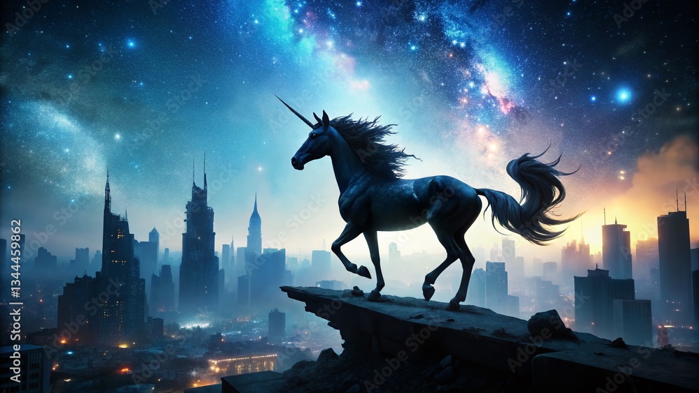 Naklejka premium Urban Exploration: Black Unicorn Silhouette with Stars - Mysterious Night Scene