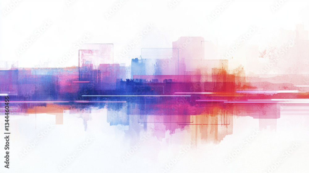 Obraz premium vibrant abstract cityscape with colorful hues of pink, blue, and purple, reflecting on serene surface