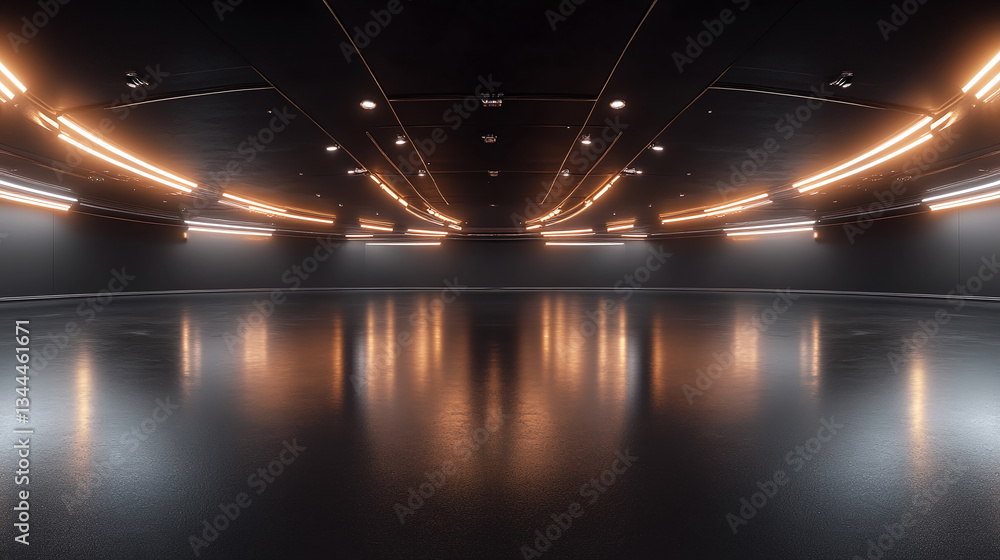 Obraz premium 360 degree full panorama environment of black minimalistic studio environment with bright lights and reflections, 3d render illustration hdri hdr vr virtual reality