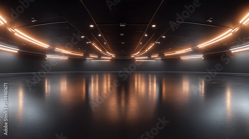 Fototapeta Naklejka Na Ścianę i Meble -  360 degree full panorama environment of black minimalistic studio environment with bright lights and reflections, 3d render illustration hdri hdr vr virtual reality