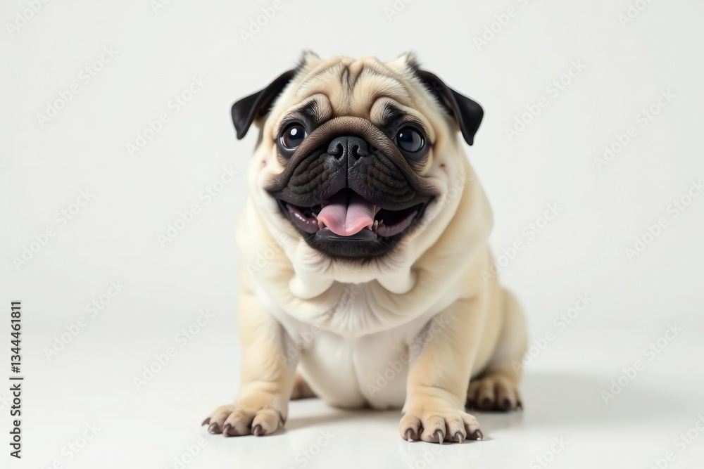 Playful pug looking at camera, pure white background, portrait, breed, expression Playful pug looking at camera, pure white background, portrait, breed, expression