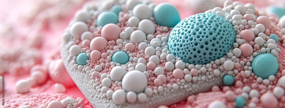 Fototapeta premium The image features a 3D render of balloons in pink and cream, arranged to form a heart shape with copy-space