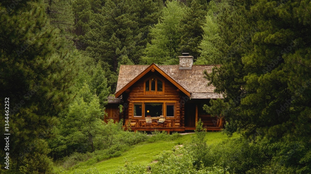 Cozy Log Cabin Surrounded by Lush Green Forest and Majestic Trees in Peaceful Mountain Setting Cozy Log Cabin Surrounded by Lush Green Forest and Majestic Trees in Peaceful Mountain Setting