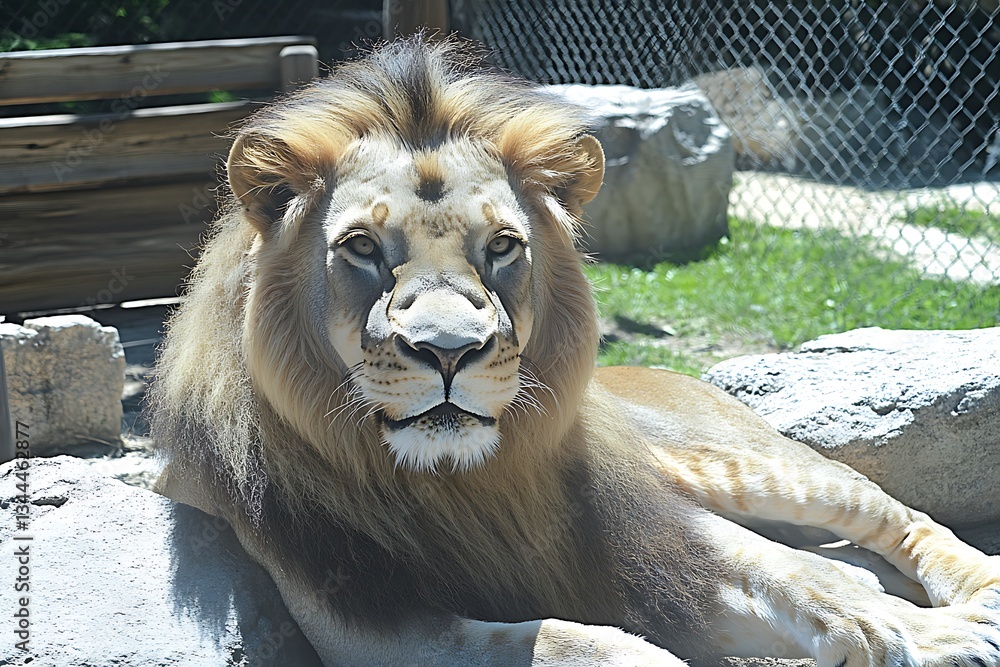 Naklejka premium Majestic Lion Resting in Sunny Zoo Enclosure.
