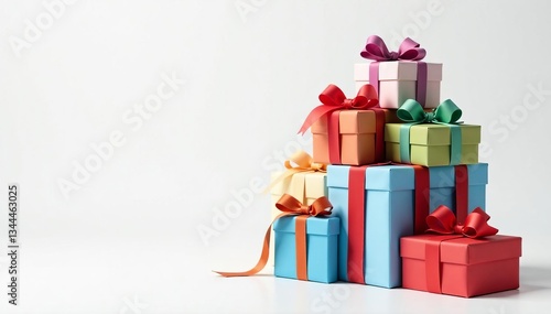 Colorful stacked gifts with festive ribbon bows on white background, stack, gifts