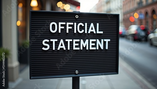 Official statement sign on street in urban setting - public announcement concept