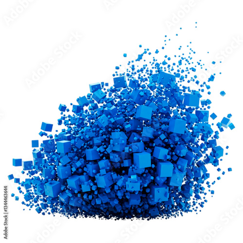 Blue cube pile with scattered particles, representing digital data, technology, or abstract structure, isolated on a transparent background