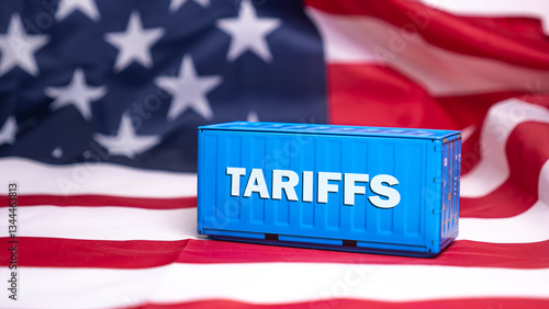 Container tariffs word on Flag of the United States of America background.
Tariff US trade war with Canada and Mexico.