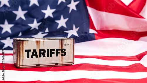 Old Container tariffs word on Flag of the United States of America background.
Tariff US trade war with Canada and Mexico.